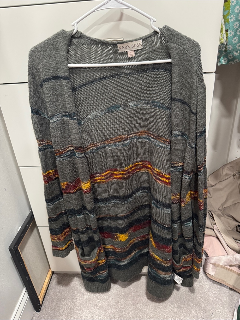 Knox Rose Gray Open-Front Cardigan with Multicolor Stripes